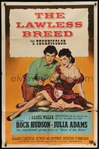 9p497 LAWLESS BREED 1sh 1953 cowboy Rock Hudson with gun & sexy Julie Adams w/poker cards!