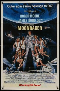 9p576 MOONRAKER advance 1sh 1979 Goozee art of Moore as James Bond & sexy girls, blasting off soon!