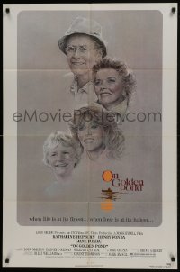9p636 ON GOLDEN POND 1sh 1981 art of Hepburn, Henry Fonda, and Jane Fonda by C.D. de Mar