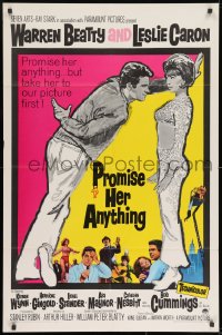 9p696 PROMISE HER ANYTHING 1sh 1966 art of Warren Beatty w/fingers crossed & pretty Leslie Caron!