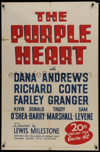 9p699 PURPLE HEART 1sh R1948 Dana Andrews, Sam Levene, the drama behind the bombing of Japan!