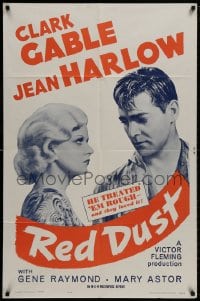 9p715 RED DUST 1sh R1963 great close-up of Clark Gable & sexy Jean Harlow, he treated them rough!