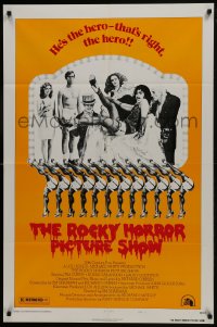 9p741 ROCKY HORROR PICTURE SHOW style B 1sh 1975 Tim Curry is the hero, wacky cast portrait!
