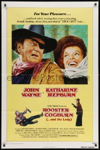 9p746 ROOSTER COGBURN 1sh 1975 great art of John Wayne & Katharine Hepburn!