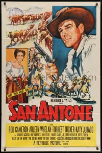 9p757 SAN ANTONE 1sh 1953 artwork of cowboy Rod Cameron & Katy Jurado, both holding guns!