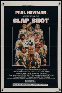 9p788 SLAP SHOT 1sh 1977 hockey sports classic, great different cartoon art by R.G.!