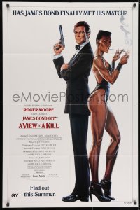 9p935 VIEW TO A KILL advance 1sh 1985 art of Roger Moore & Jones by Goozee over white background!