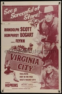 9p936 VIRGINIA CITY 1sh R1956 Errol Flynn, Hopkins, top billed Randolph Scott & Humphrey Bogart!