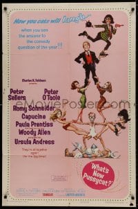 9p953 WHAT'S NEW PUSSYCAT style B 1sh 1965 Frank Frazetta art of Woody Allen, Peter O'Toole, cast