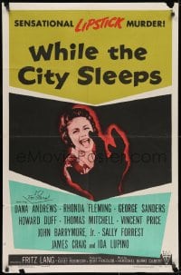 9p961 WHILE THE CITY SLEEPS style A 1sh 1956 great image of Lipstick Killer's victim, Fritz Lang!