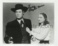 9r820 CLAYTON MOORE signed 8x10.25 REPRO still 1980s with Linda Stirling in Jesse James Rides Again!