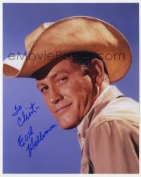 9r695 EARL HOLLIMAN signed color 8x10 REPRO still 1980s wonderful smiling portrait with cowboy hat!