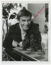 9r966 RODDY MCDOWALL signed 8x10.25 REPRO still 1980s great smiling close up with ornate chessboard!