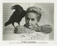 9r986 TIPPI HEDREN signed 8x10.25 REPRO still 1980s posing w/Buddy the crow for Hitchcock's Birds!