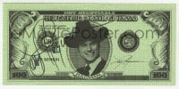 9r140 LARRY HAGMAN signed 3x7 promo item 1990s the Dallas star smiling on a faux 100 dollar bill!