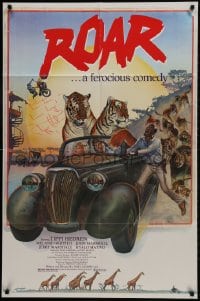 9r017 ROAR signed 1sh 1981 by Tippi Hedren, great Hopkins art of ferocious tigers riding in car!