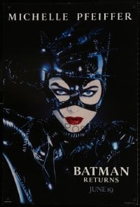 9w544 BATMAN RETURNS teaser 1sh 1992 Tim Burton, Michelle Pfeiffer as Catwoman, dated design!