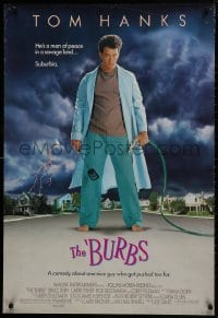 9w572 BURBS DS 1sh 1989 best Tom Hanks image, a man of peace in a savage land, suburbia!
