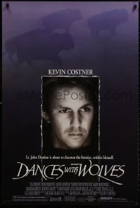 9w593 DANCES WITH WOLVES DS 1sh 1990 Kevin Costner directs & stars, image of buffalo!