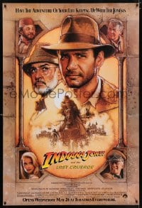9w699 INDIANA JONES & THE LAST CRUSADE advance 1sh 1989 Ford/Connery over a brown background by Drew
