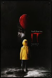 9w708 IT teaser DS 1sh 2017 creepy image of Pennywise handing child balloon, you'll float too!