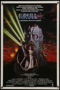 9w727 KRULL 1sh 1983 great sci-fi fantasy image of Ken Marshall & Lysette Anthony in monster's hand!