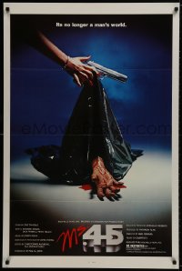 9w779 MS. .45 1sh 1981 Abel Ferrara cult classic, cool body bag image and bloody hand!