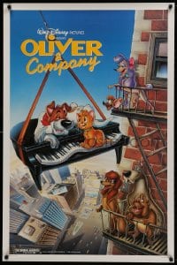 9w797 OLIVER & COMPANY 1sh 1988 art of Walt Disney cats & dogs in New York City by Bill Morrison!