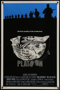 9w817 PLATOON 1sh 1986 Charlie Sheen & Quinn helping with soldier, Oliver Stone, Vietnam War!