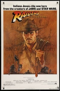 9w836 RAIDERS OF THE LOST ARK 1sh 1981 Richard Amsel art of Harrison Ford, Steven Spielberg!