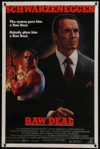 9w841 RAW DEAL 1sh 1986 artwork of Arnold Schwarzenegger with gun & in suit by John Alvin!