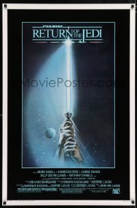 9w852 RETURN OF THE JEDI 1sh 1983 George Lucas, art of hands holding lightsaber by Tim Reamer!