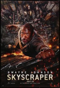 9w889 SKYSCRAPER teaser DS 1sh 2018 Dwayne The Rock Johnson perilously hanging from skyscraper edge!