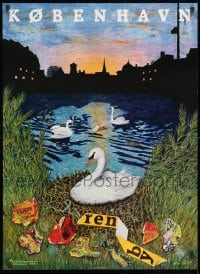 9w377 KOBENHAVN REN BY 25x34 Danish special poster 1994 swans in a park in garbage by Galto!