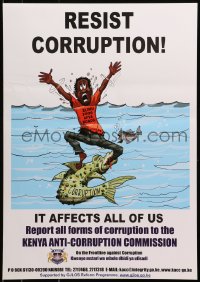 9w432 RESIST CORRUPTION 17x24 Kenyan special poster 2000s art of wild fish attacking a man!
