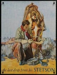 9w108 STETSON 24x32 advertising poster 1970s western cowboy art of man and horse drinking from hat!