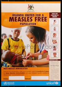 9w478 UGANDA UNITED FOR A MEASLES FREE POPULATION 14x24 African poster 1990s child being vaccinated!