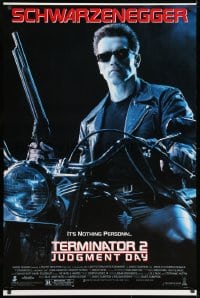 9w923 TERMINATOR 2 1sh 1991 Arnold Schwarzenegger on motorcycle with shotgun!