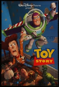 9w938 TOY STORY DS 1sh 1995 Disney/Pixar cartoon, Buzz Lightyear flying over Woody, Bo Peep, more!