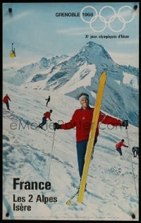 9w040 LES DEUX ALPES 25x39 French travel poster 1968 Grenoble Winter Olympics, skiing image!