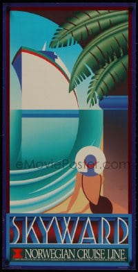 9w043 NORWEGIAN CRUISE LINE SKYWARD 19x38 travel poster 1989 art deco art of woman & ship at sea!