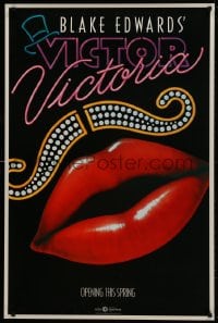 9w956 VICTOR VICTORIA teaser 1sh 1982 Julie Andrews, Blake Edwards, cool lips & mustache art by John Alvin!