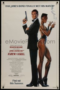 9w957 VIEW TO A KILL advance 1sh 1985 art of Roger Moore & Jones by Goozee over white background!