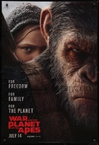 9w963 WAR FOR THE PLANET OF THE APES style B teaser DS 1sh 2017 close-up of Caesar and Amiah Miller!
