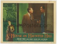 9y543 HOUSE ON HAUNTED HILL LC #6 1959 Alan Marshal standing by door facing Vincent Price with gun!