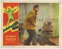 9y558 INDESTRUCTIBLE MAN LC 1956 c/u of scared Lon Chaney standing by dead guy on the ground!