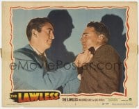 9y615 LAWLESS LC #8 1950 close up of angry Macdonald Carey grabbing guy by his collar!
