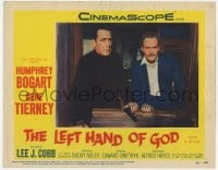 9y619 LEFT HAND OF GOD LC #8 1955 close up of priest Humphrey Bogart holding gun w/ E.G. Marshall!