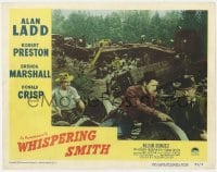 9y964 WHISPERING SMITH LC #1 1949 close up of Alan Ladd & Robert Preston over train wreck!