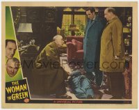 9y979 WOMAN IN GREEN LC 1945 Basil Rathbone as Sherlock Holmes, Nigel Bruce as Watson w/dead body!